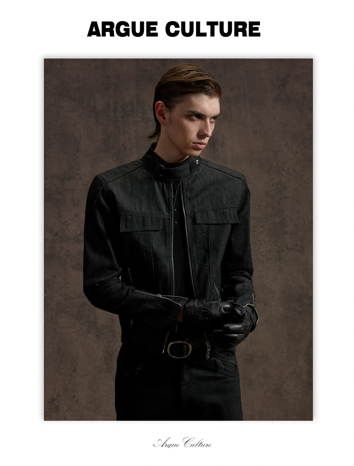 Raw Denim Biker Jacket with Stand Collar in Black - detail image 8