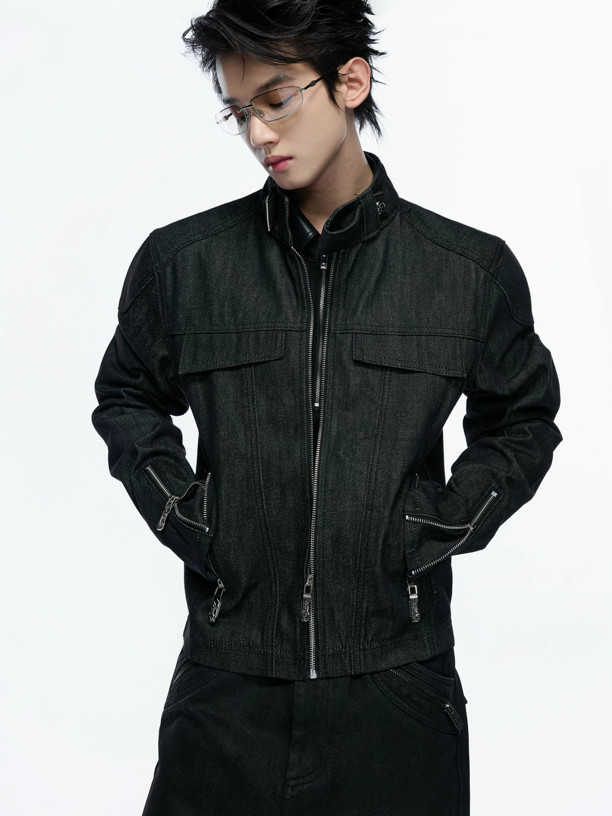Raw Denim Biker Jacket with Stand Collar in Black - main image 2