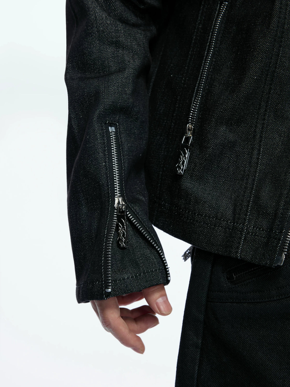 Raw Denim Biker Jacket with Stand Collar in Black - main image 4