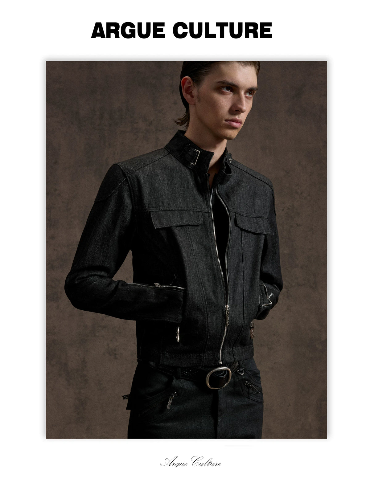 Raw Denim Biker Jacket with Stand Collar in Black - detail image 5