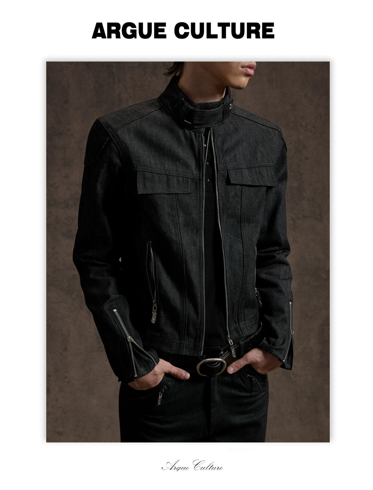Raw Denim Biker Jacket with Stand Collar in Black - detail image 7