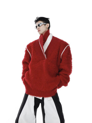 Front view of a red heavyweight faux mink streetwear sweater