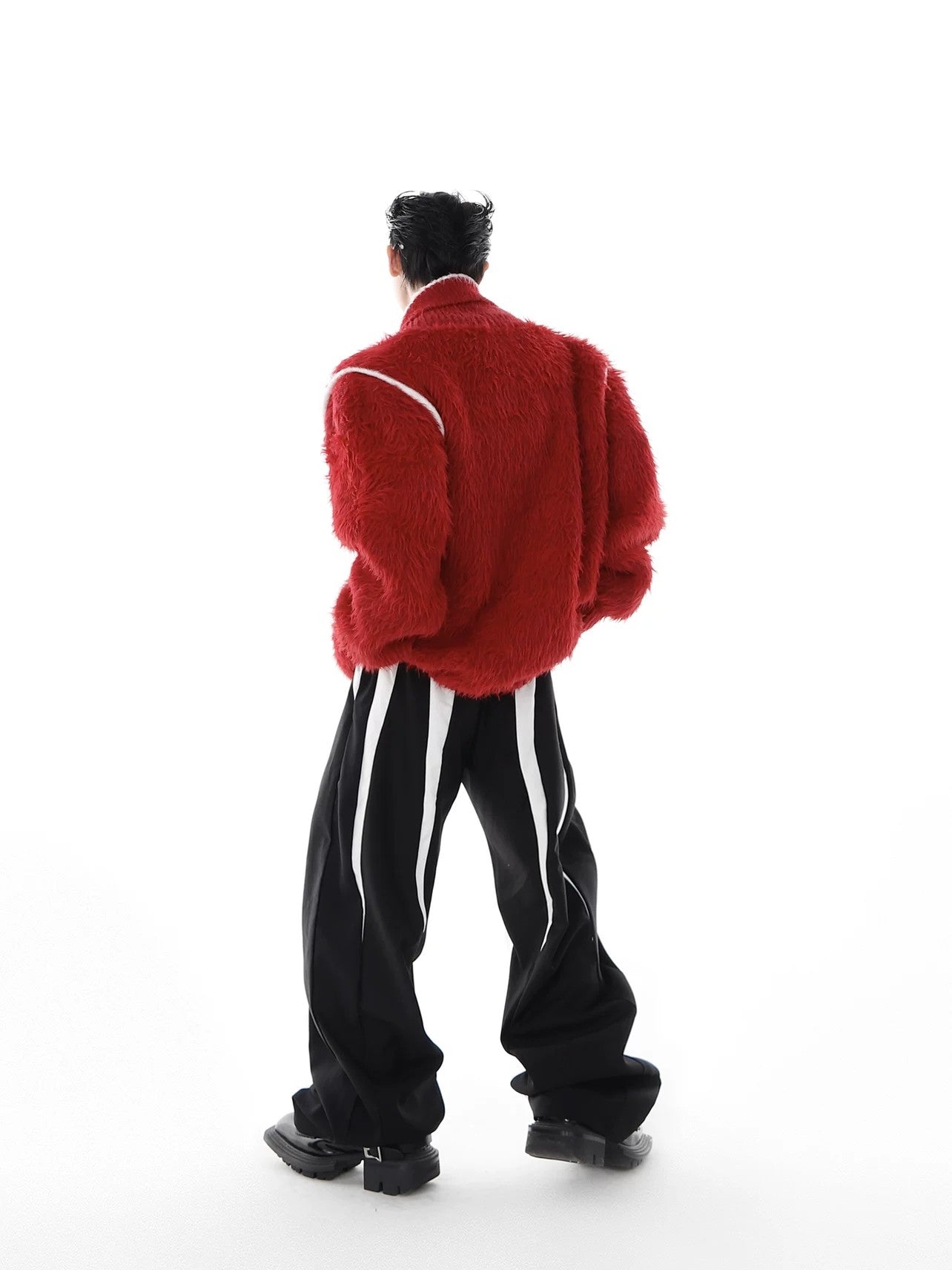 Back view of drop shoulder red winter knit pullover