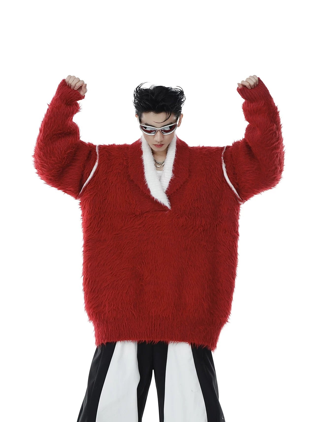 Styling of red luxury faux mink sweater with streetwear accessories