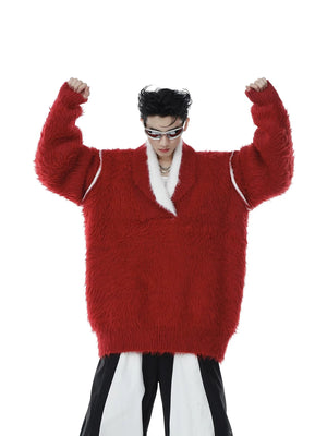 Styling of red luxury faux mink sweater with streetwear accessories