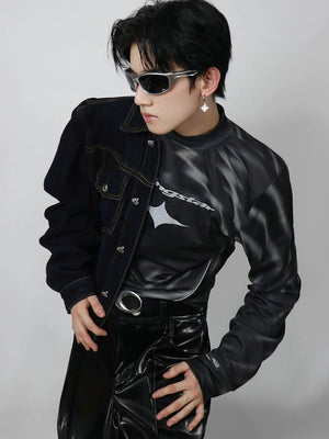 Mock neck t-shirt with reflective base glowing under flash light