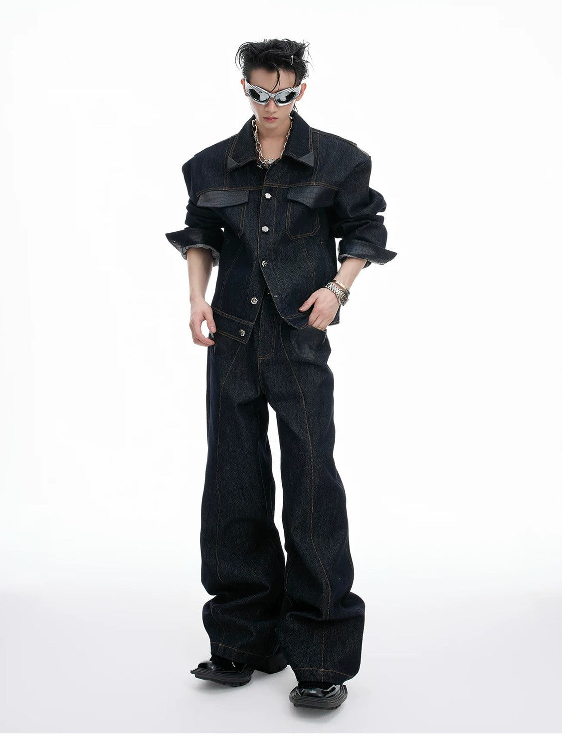 desc::retro-croc-patchwork-raw-denim-jacket-set-streetwear-detail-img-4