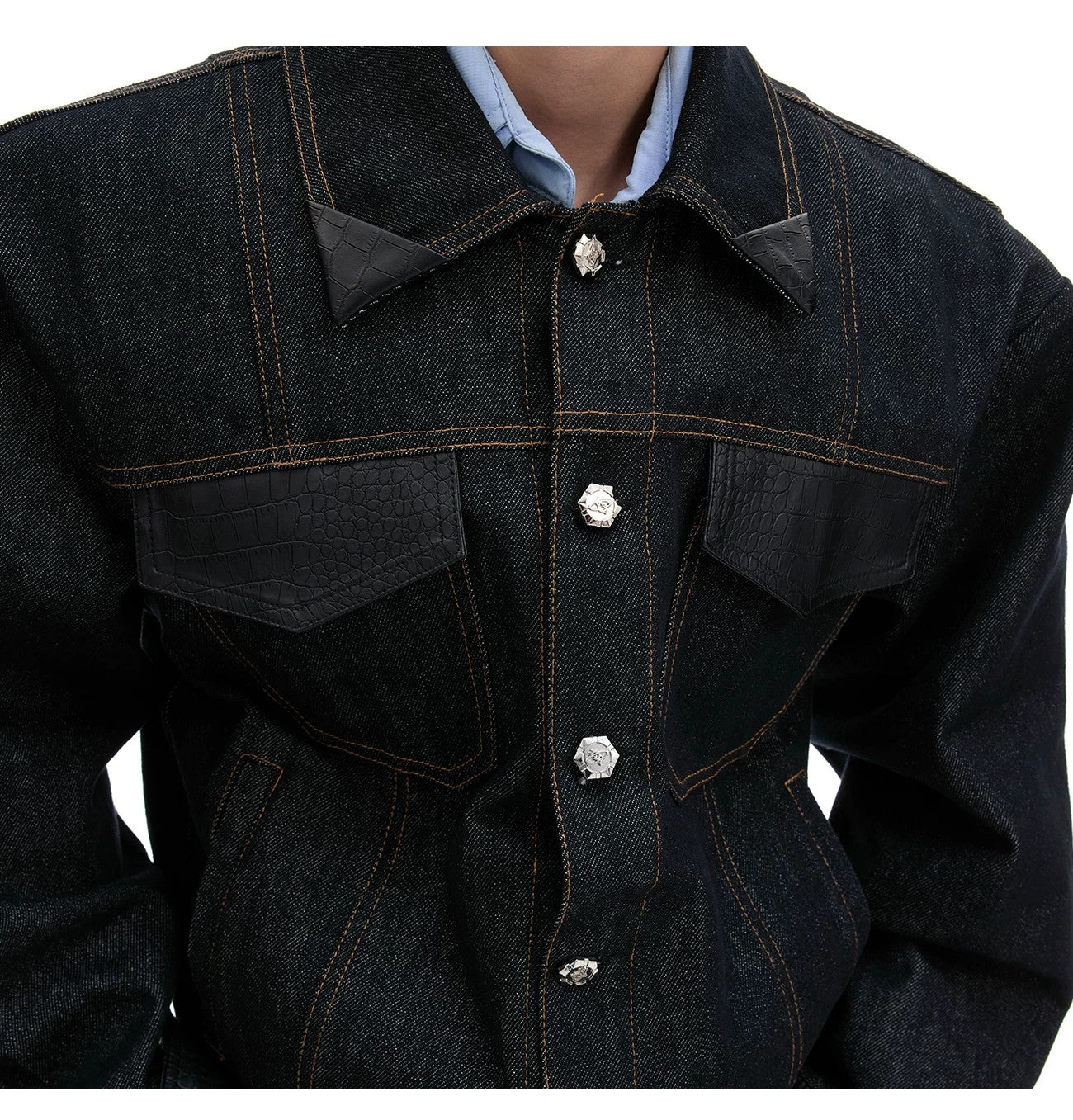 desc::retro-croc-patchwork-raw-denim-jacket-set-streetwear-detail-img-5