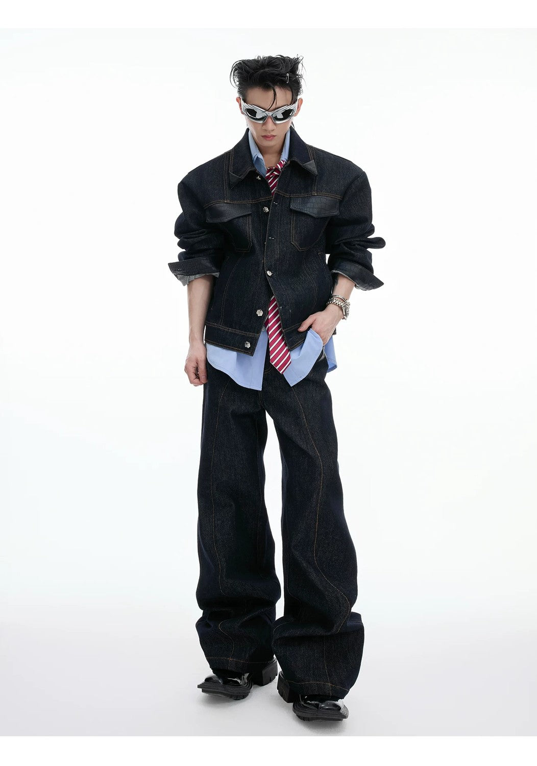 desc::retro-croc-patchwork-raw-denim-jacket-set-streetwear-detail-img-8