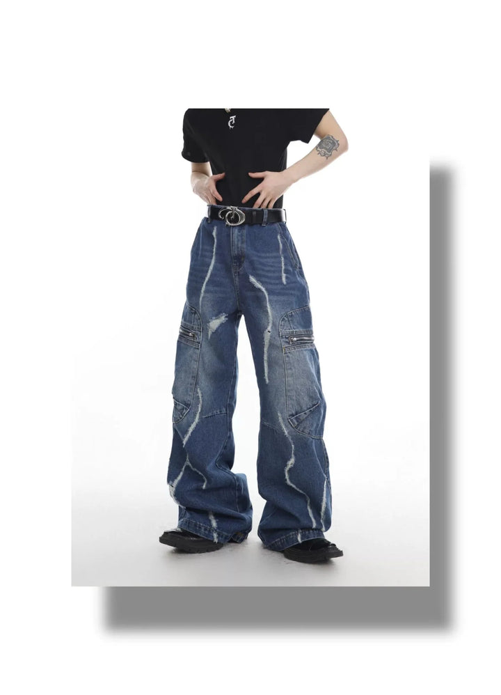 Retro Distressed Washed Denim Jeans with Deconstructed Pocket - ArguE CulturE