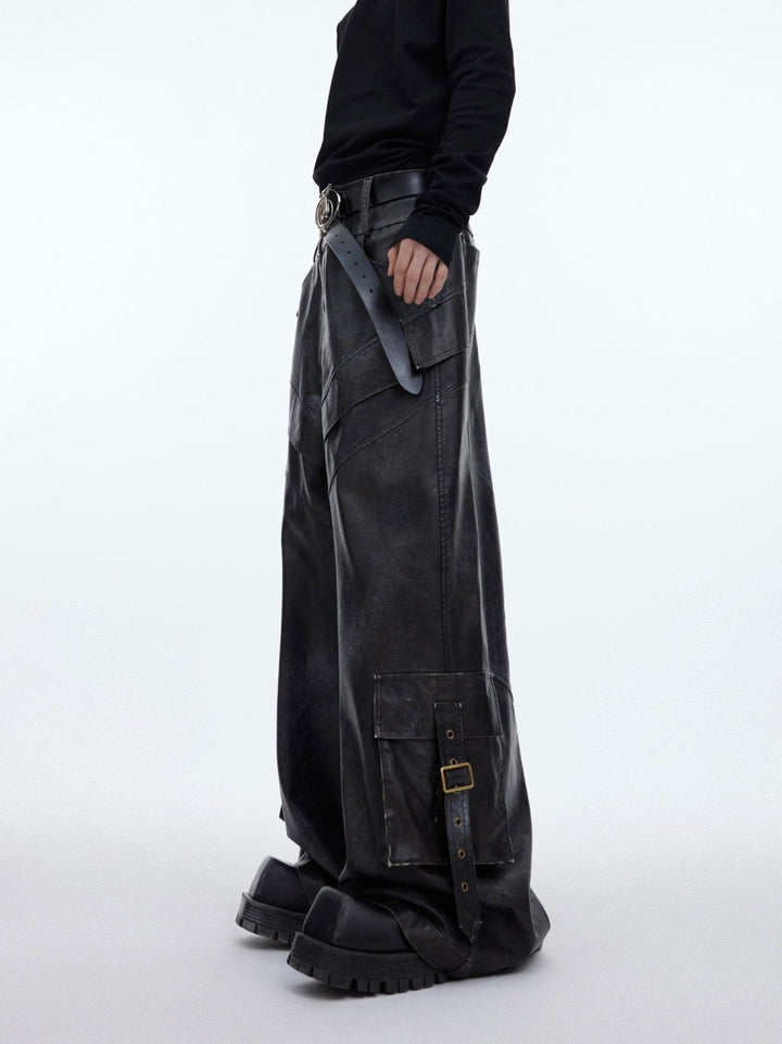 Retro Ink - Splash Punk Faux Leather Pants | Distressed Cargo Trousers - ArguE CulturE