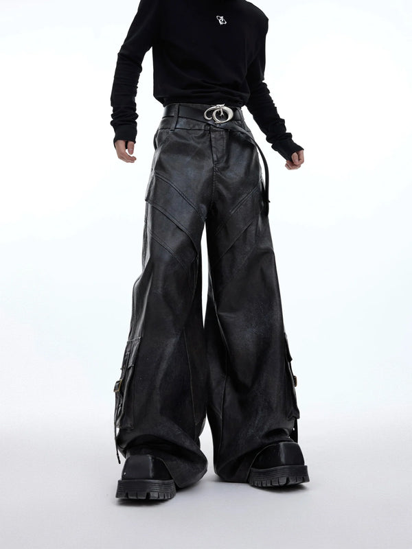 Retro Ink - Splash Punk Faux Leather Pants | Distressed Cargo Trousers - ArguE CulturE