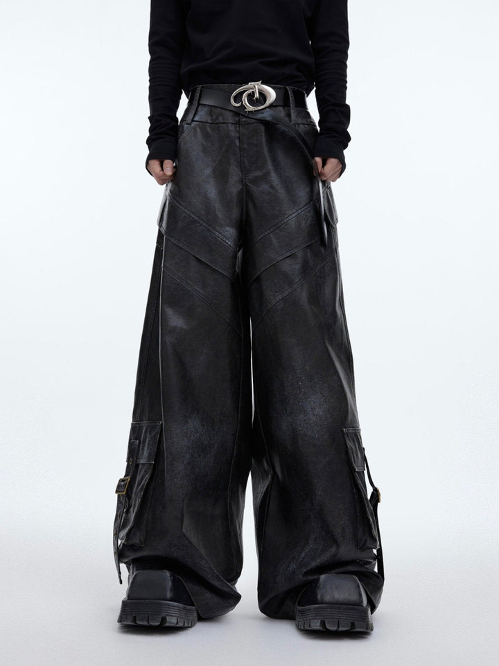 Retro Ink - Splash Punk Faux Leather Pants | Distressed Cargo Trousers - ArguE CulturE