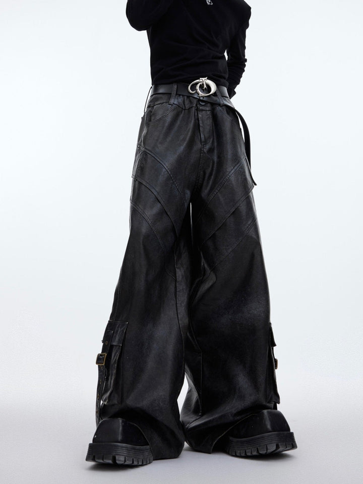 Retro Ink - Splash Punk Faux Leather Pants | Distressed Cargo Trousers - ArguE CulturE