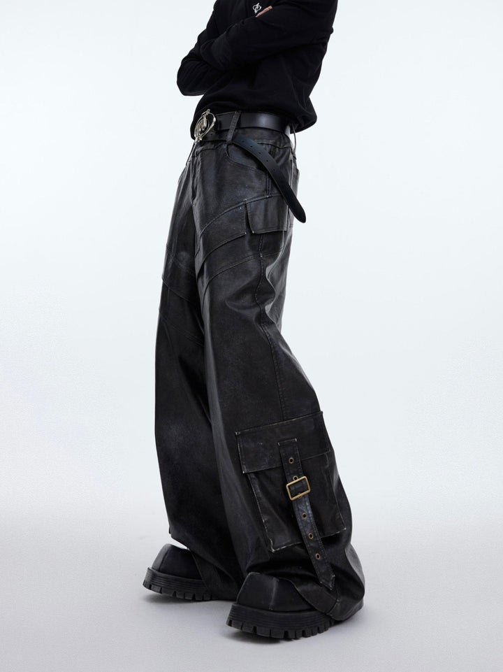 Retro Ink - Splash Punk Faux Leather Pants | Distressed Cargo Trousers - ArguE CulturE