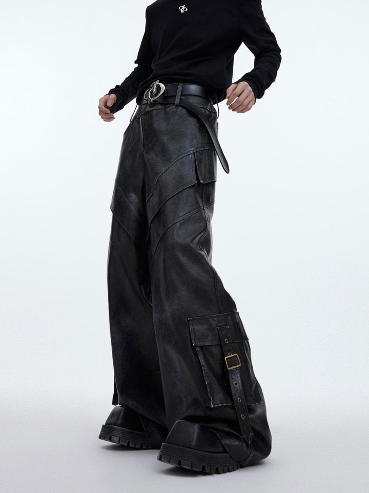 Retro Ink - Splash Punk Faux Leather Pants | Distressed Cargo Trousers - ArguE CulturE