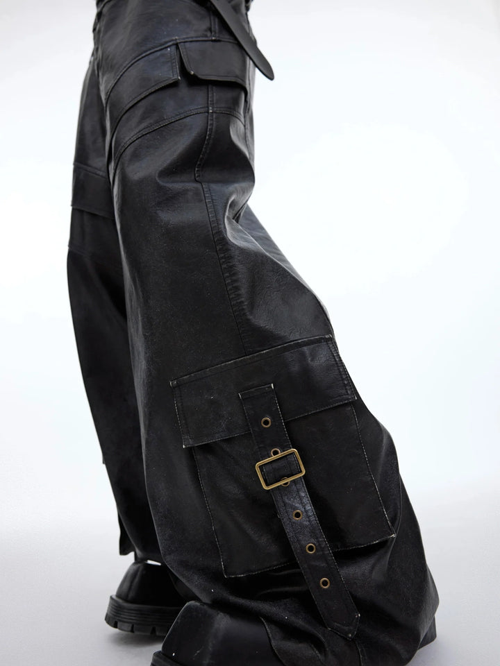 Retro Ink - Splash Punk Faux Leather Pants | Distressed Cargo Trousers - ArguE CulturE