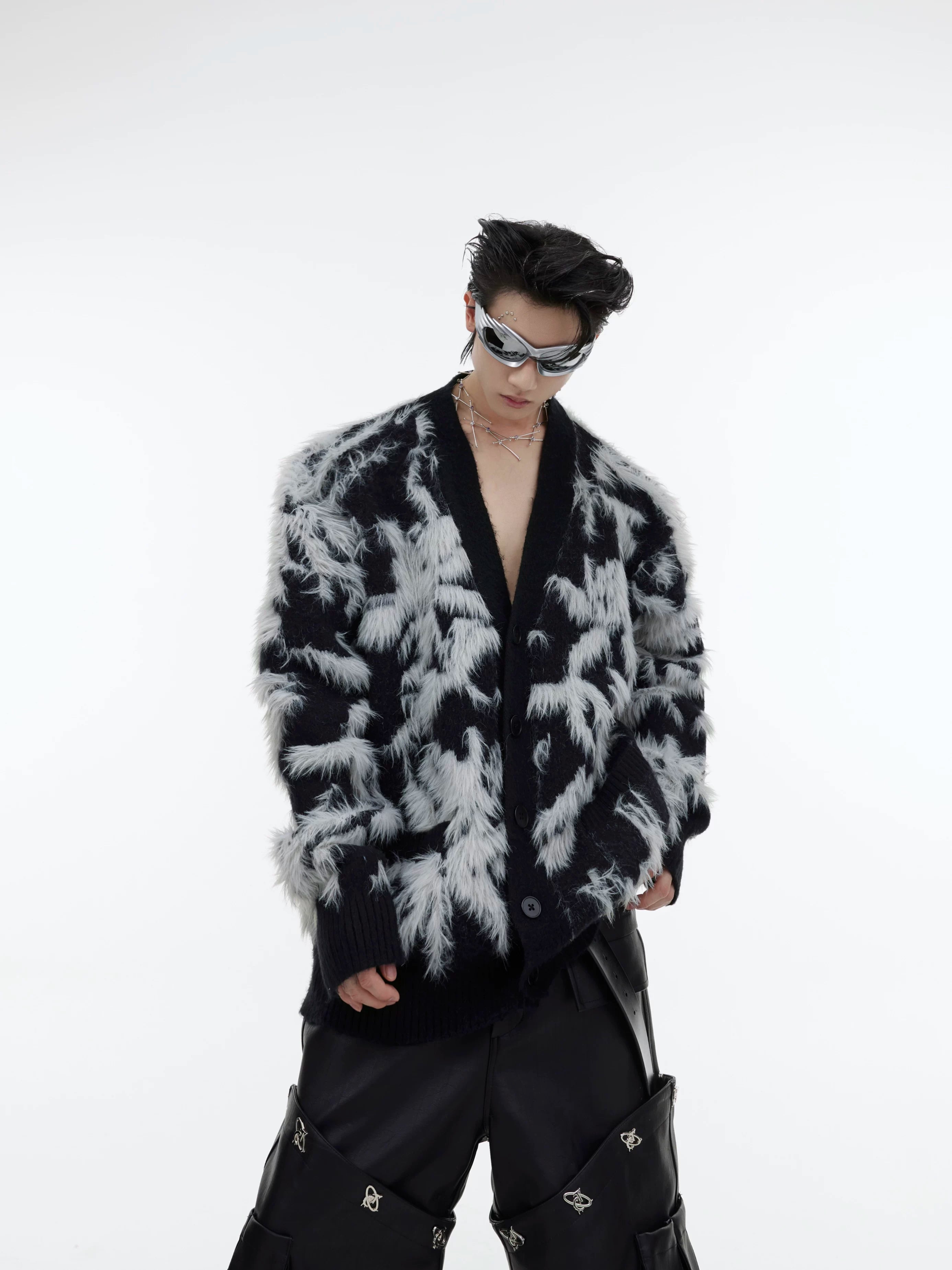 retro-jacquard-faux-mink-cardigan-oversized-v-neck-black