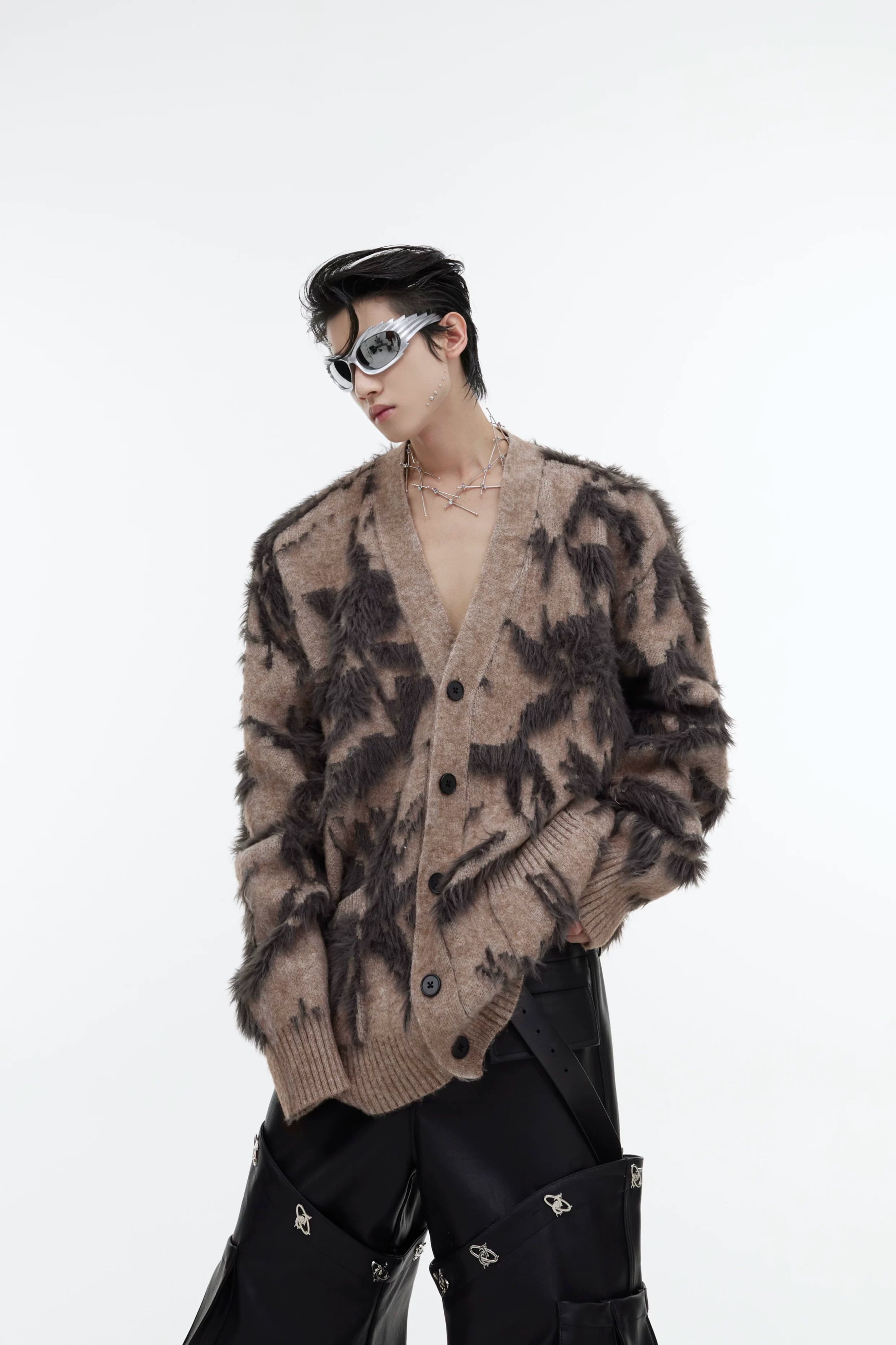 retro-jacquard-faux-mink-cardigan-oversized-v-neck-brown