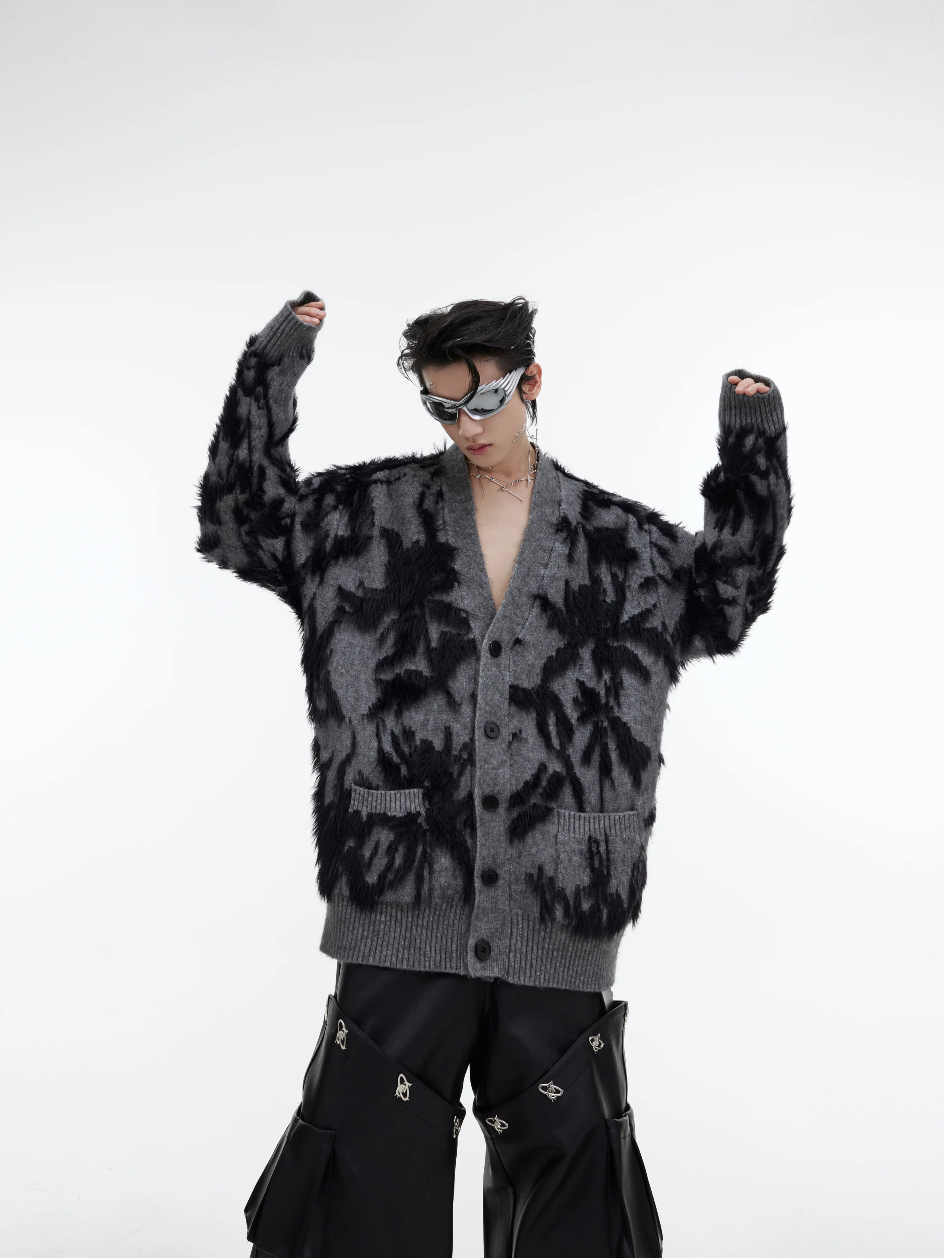 retro-jacquard-faux-mink-cardigan-oversized-v-neck-gray