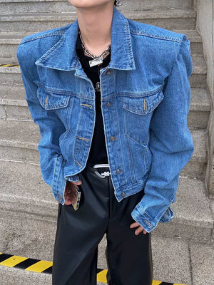 retro-pleated-padded-shoulder-short-denim-jacket-blue