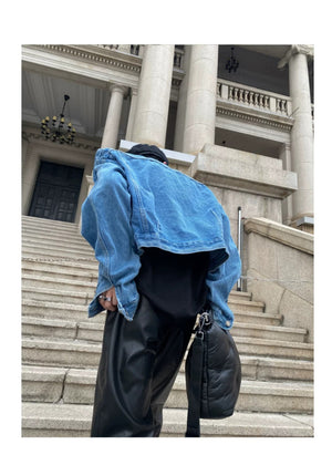 desc::retro-pleated-padded-shoulder-short-denim-jacket-detail-img-5