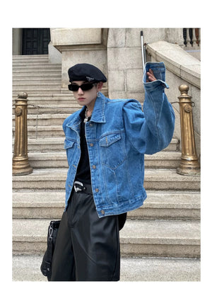 desc::retro-pleated-padded-shoulder-short-denim-jacket-detail-img-6