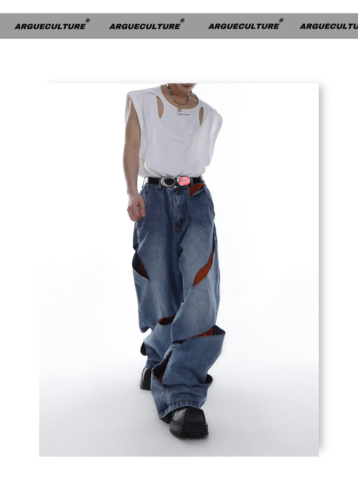 Retro Ripped Distressed Double - Layered Spilt Wide - Leg Denim Jeans - ArguE CulturE