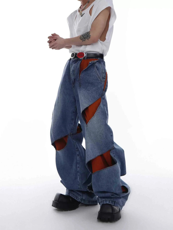 Retro Ripped Distressed Double - Layered Spilt Wide - Leg Denim Jeans - ArguE CulturE