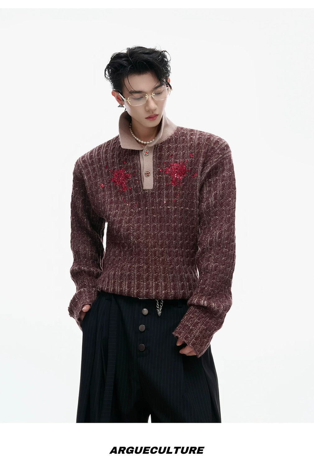 desc::retro-sequin-lapel-knit-sweater-diamond-button-top-detail-img-9