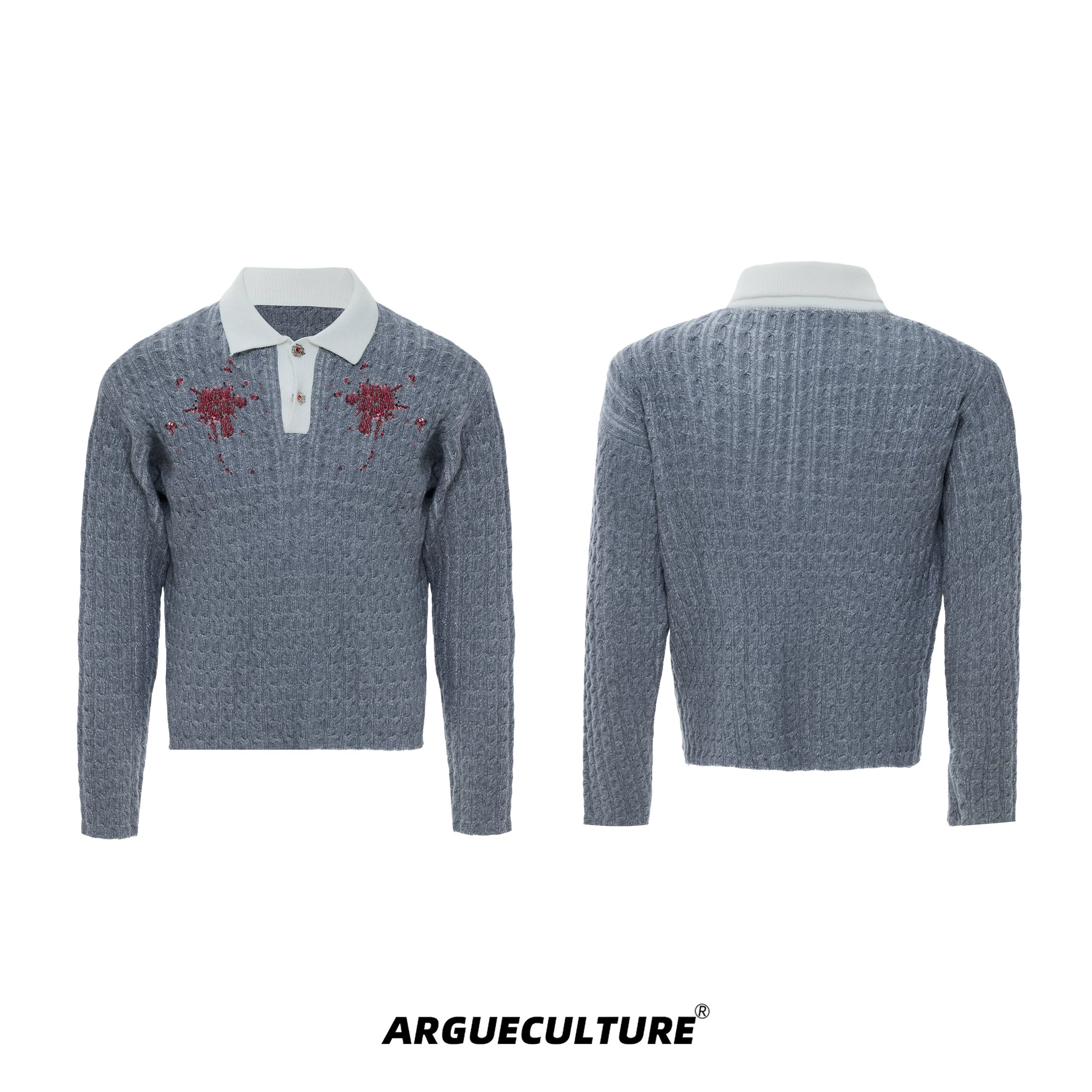 retro-sequin-lapel-knit-sweater-diamond-button-top-gray