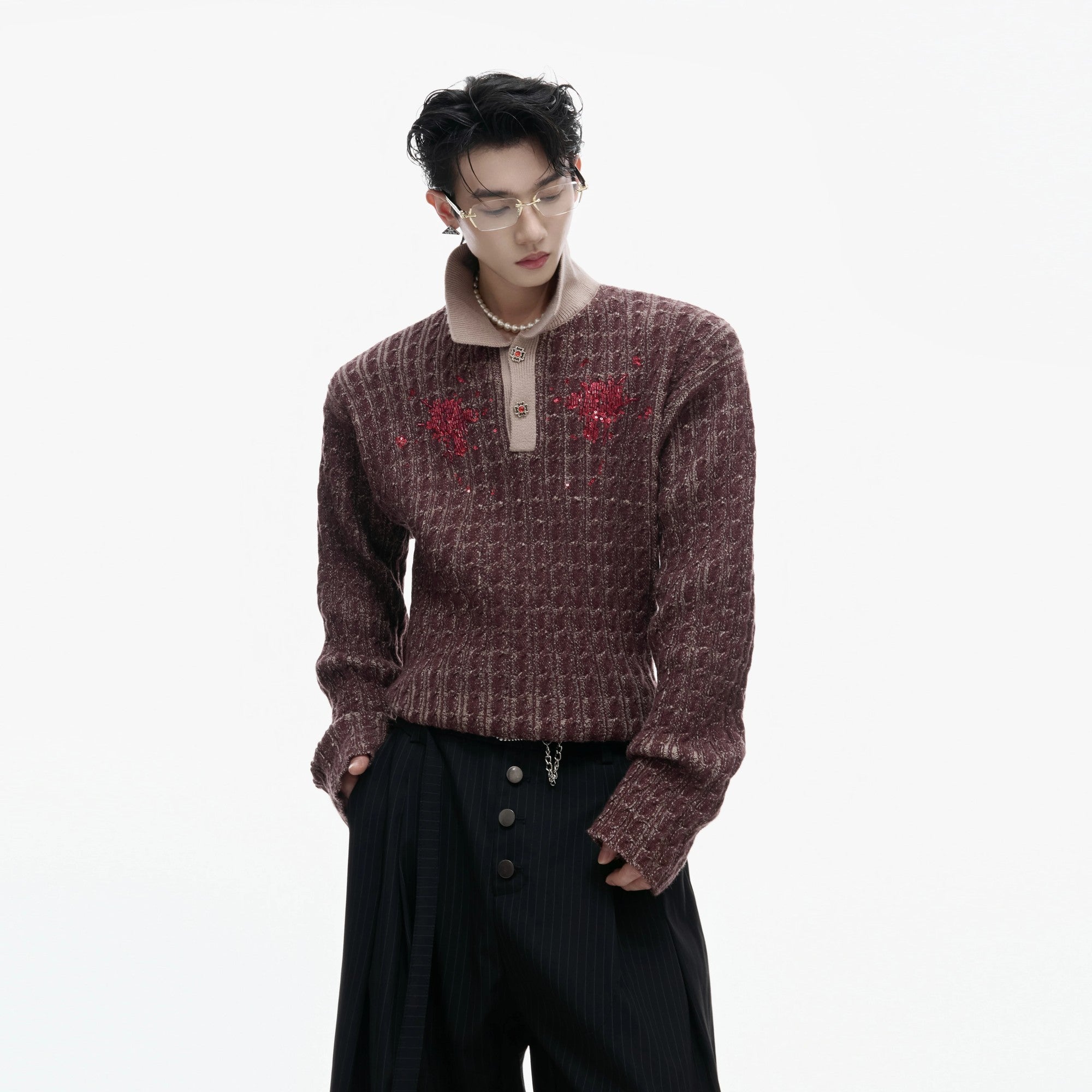 Brown retro knit sweater with sequin lapel and diamond buttons front view