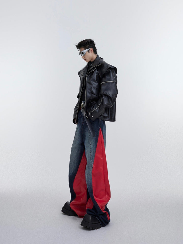 Retro Wash Color - Block Denim Faux Leather Pants | Unisex Wide - Leg - ArguE CulturE