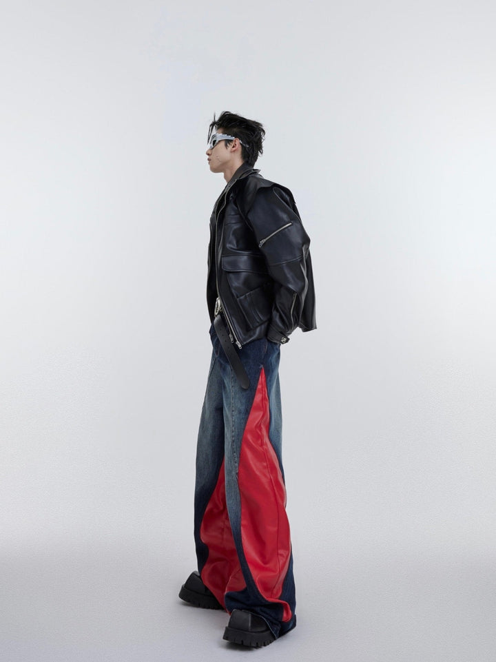 Retro Wash Color - Block Denim Faux Leather Pants | Unisex Wide - Leg - ArguE CulturE