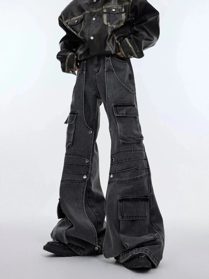 Retro Washed Denim Jeans with Multi Flap Pockets and Deconstructed - ArguE CulturE