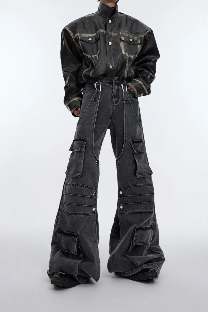 Retro Washed Denim Jeans with Multi Flap Pockets and Deconstructed - ArguE CulturE