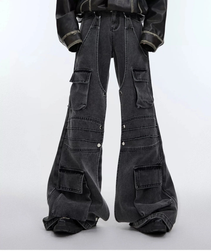 Retro Washed Denim Jeans with Multi Flap Pockets and Deconstructed - ArguE CulturE