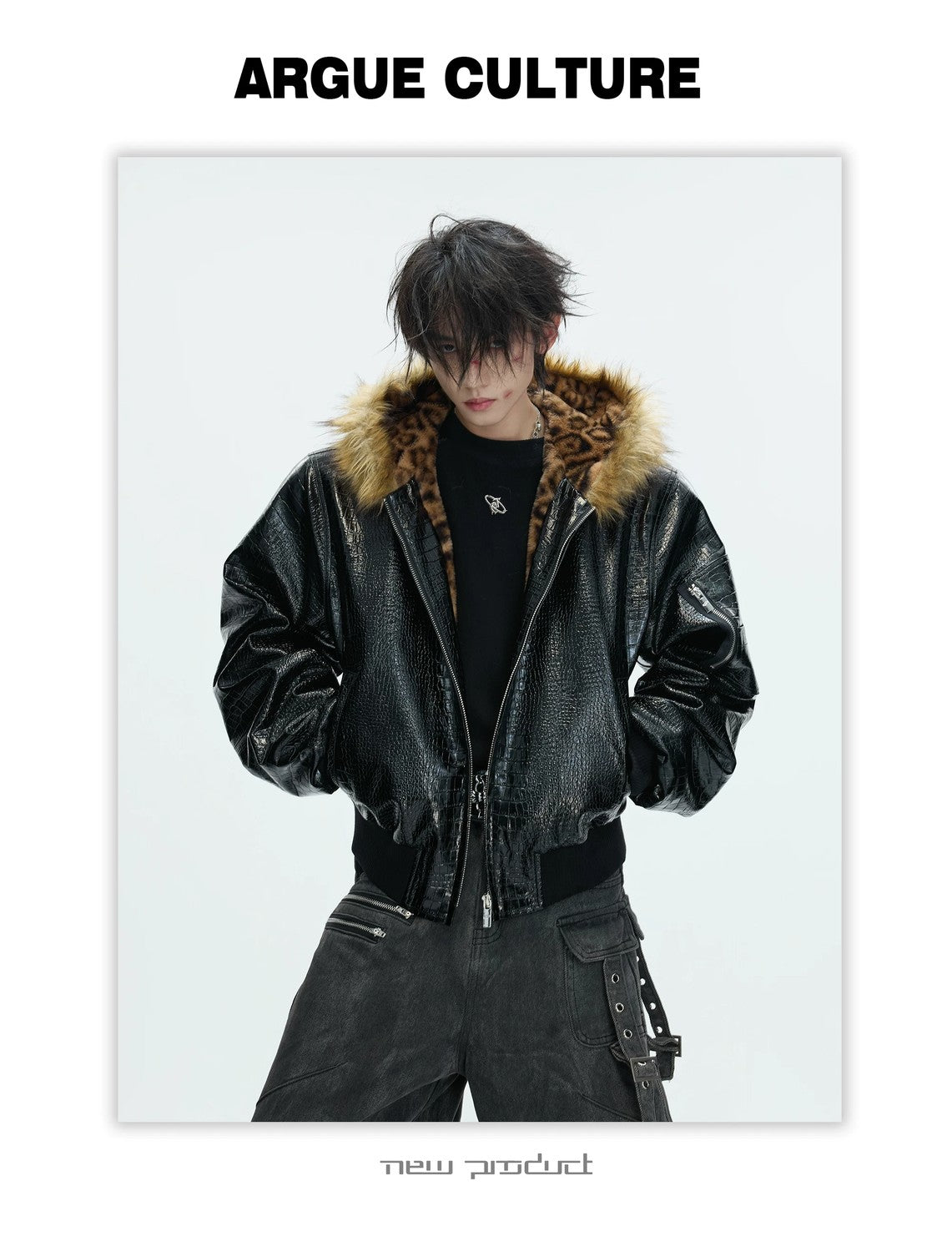 desc::reversible-croc-leather-leopard-faux-fur-bomber-jacket-detail-img-3