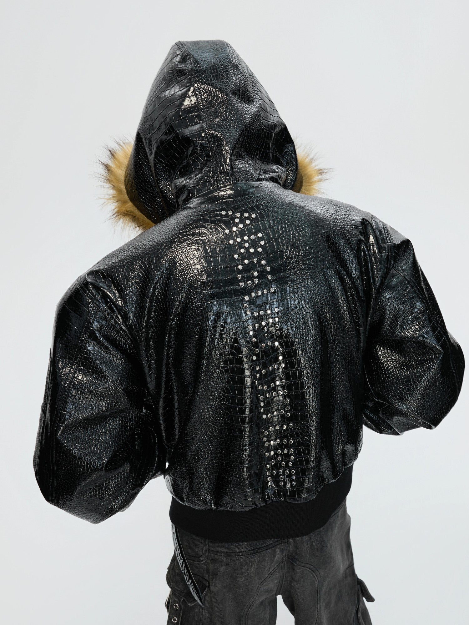 Leopard print faux fur side of the reversible winter coat