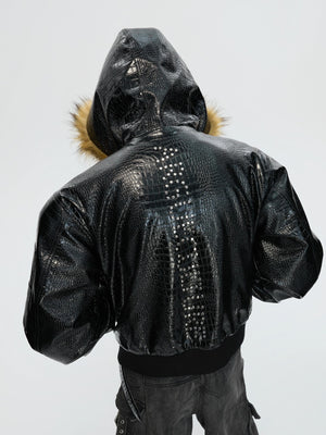 Leopard print faux fur side of the reversible winter coat