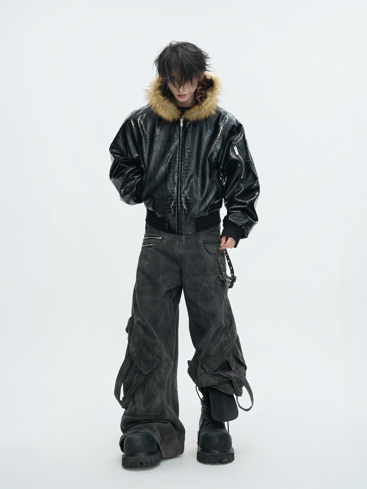 Detailed shot of the custom matte metal zipper and stand collar