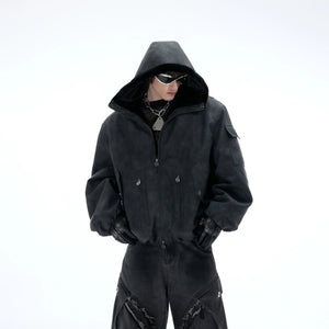 Oversized deconstructed reversible padded jacket in black front view