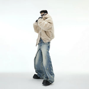 Heavyweight deconstructed white padded jacket with reversible fur lining