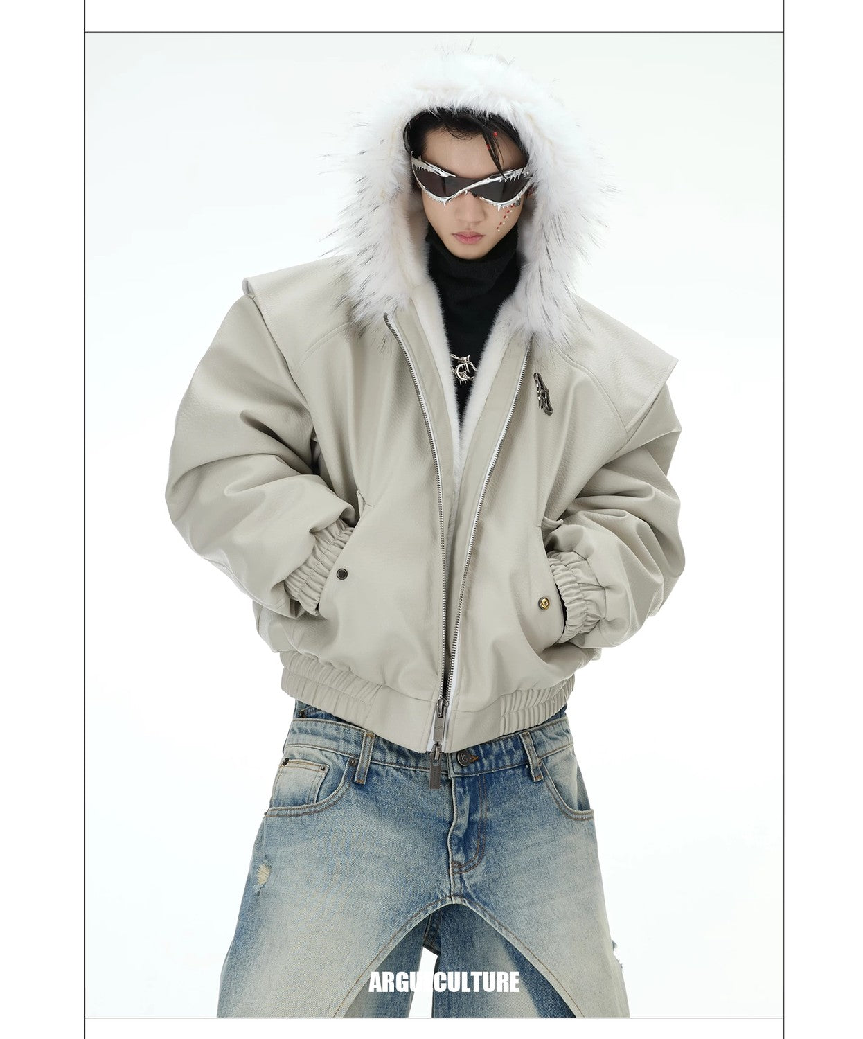 desc::reversible-fur-collar-pu-moto-jacket-thickened-parka-detail-img-22