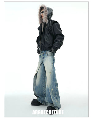 desc::reversible-fur-collar-pu-moto-jacket-thickened-parka-detail-img-5
