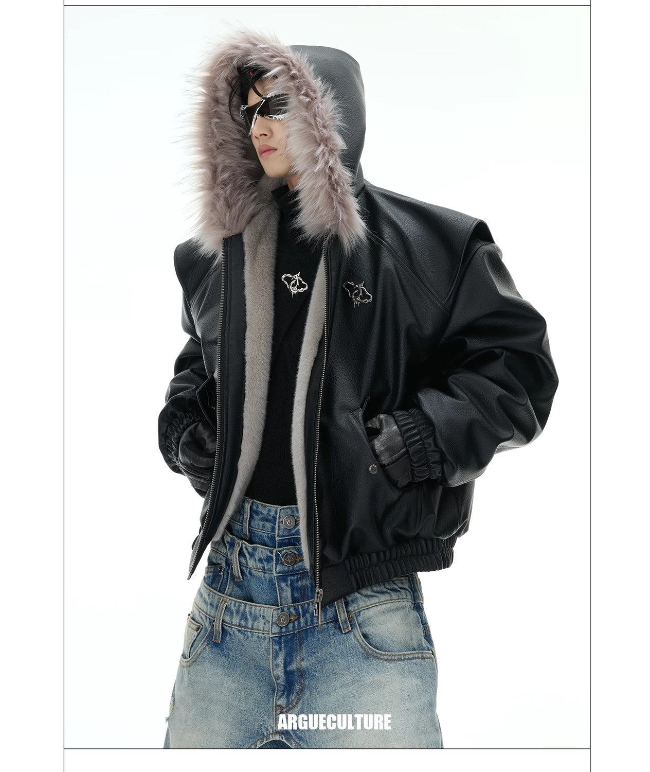 desc::reversible-fur-collar-pu-moto-jacket-thickened-parka-detail-img-7
