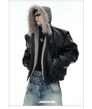desc::reversible-fur-collar-pu-moto-jacket-thickened-parka-detail-img-7