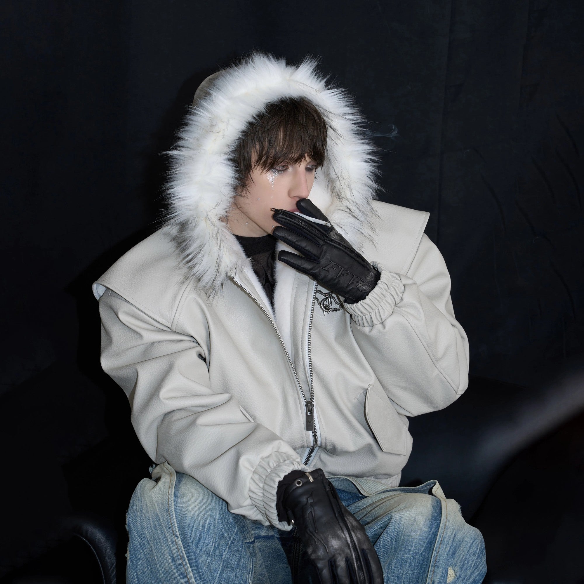 Beige thickened moto jacket with 3D pleated tailoring