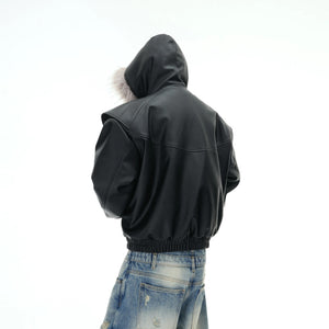 Streetwear model wearing heavy fur collar padded jacket in urban setting