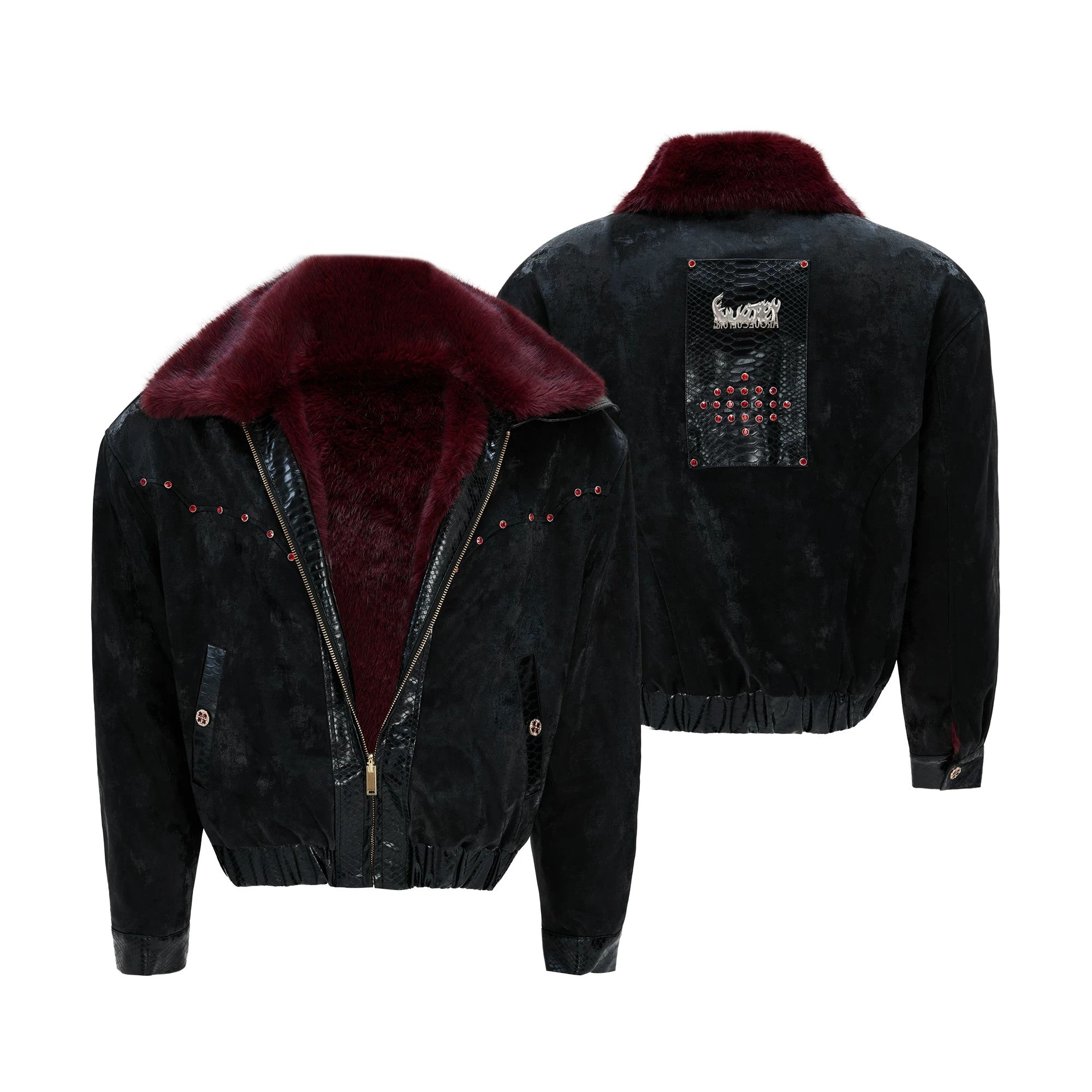 Front view of a black reversible gothic jacket with a large fur collar.